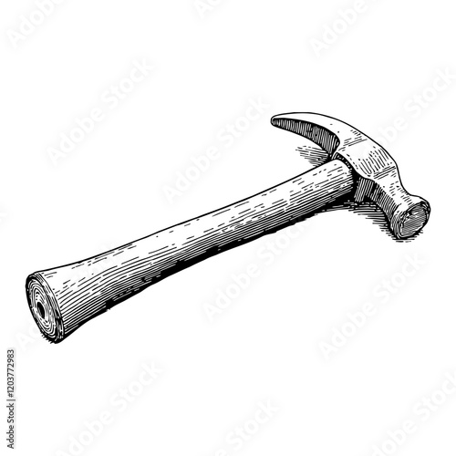 Hammer Tool Isolated on White in Detailed Black and White Outline Line Art Drawing