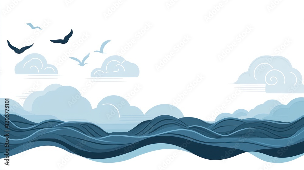 Stylized seascape with birds and clouds. Stylized seascape with birds and clouds.
