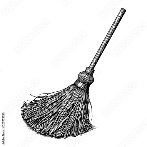 Vintage Broom Cleaning Tool in Black and White Outline Line Art Drawing with Detailed Texture