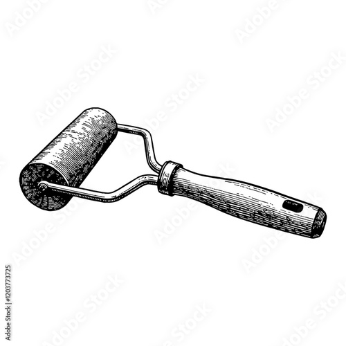 Paint Roller Tool with Handle Detailed Black and White Outline Line Art Drawing Isolated