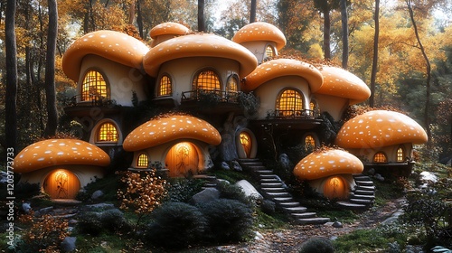 Mushroom House in Autumn Woods: A whimsical, fairytale-like house built from giant mushrooms nestled in an autumnal forest, glowing warmly from within. photo