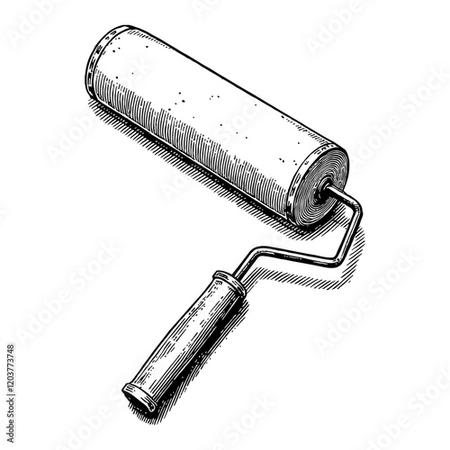 Paint Roller Tool in Detailed Black and White Outline Line Art Drawing Isometric View