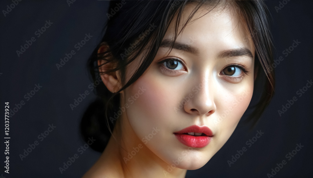 Close up portrait of young Asian woman with dark hair and red lipstick against dark background Close up portrait of young Asian woman with dark hair and red lipstick against dark background