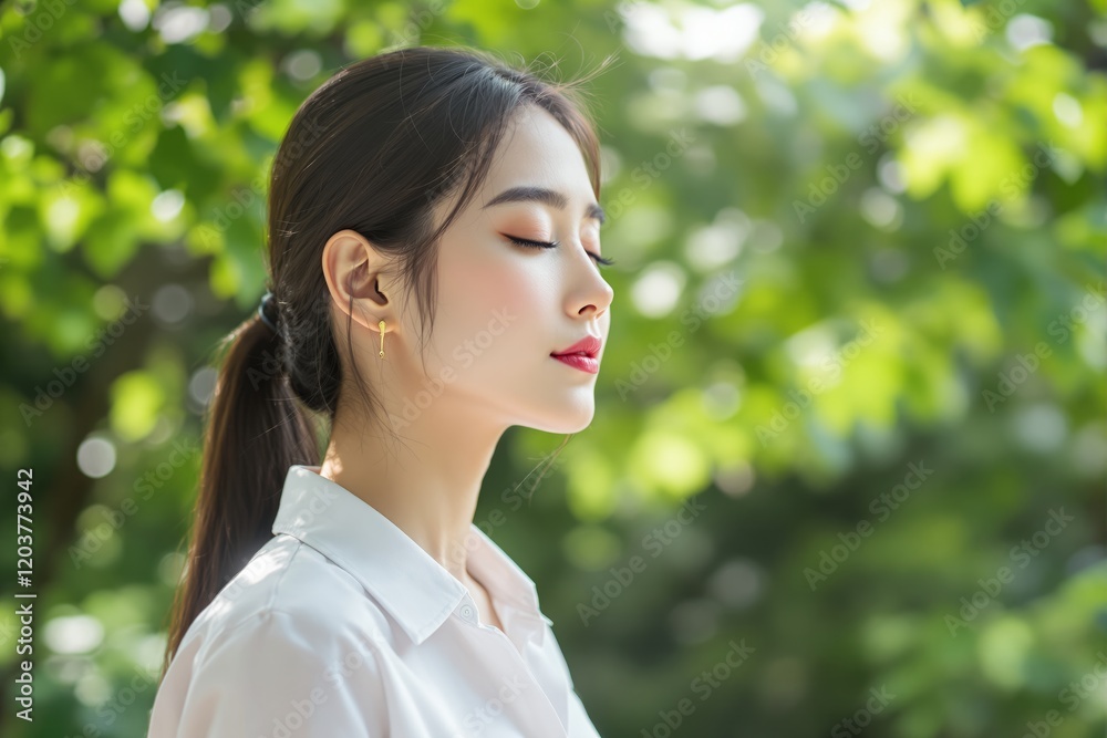 Woman with closed eyes in a peaceful outdoor setting under sunlight with green leaves in the background. Woman with closed eyes in a peaceful outdoor setting under sunlight with green leaves in the background.