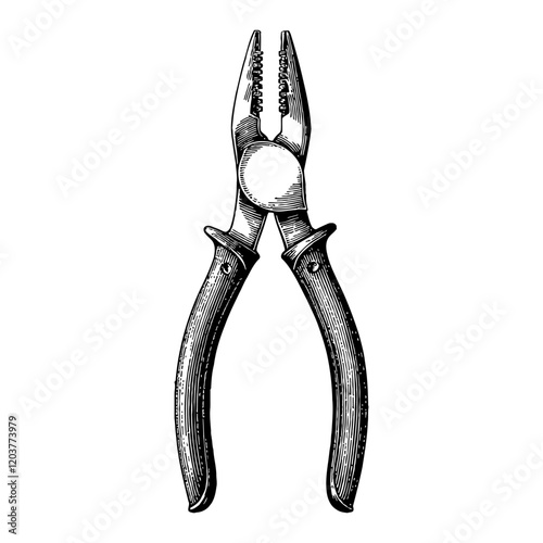 Pliers Detailed Tool in Black and White Outline Line Art Drawing with Antique Style