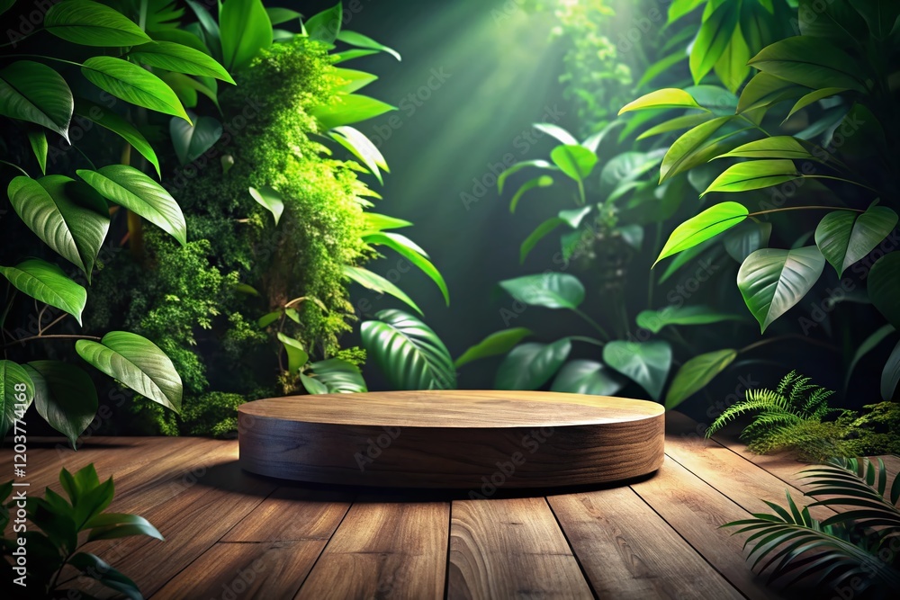 Obraz premium Low Light Photography: Rustic Wooden Podium with Lush Green Leaves
