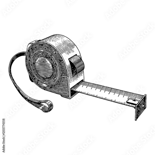 Tape Measure Tool with Detailed Black and White Outline Line Art Drawing from Side View