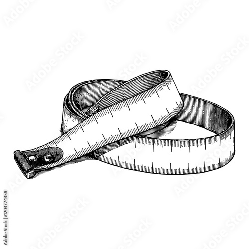 Tape Measure Curled in Detailed Black and White Outline Line Art Drawing with Vintage Style