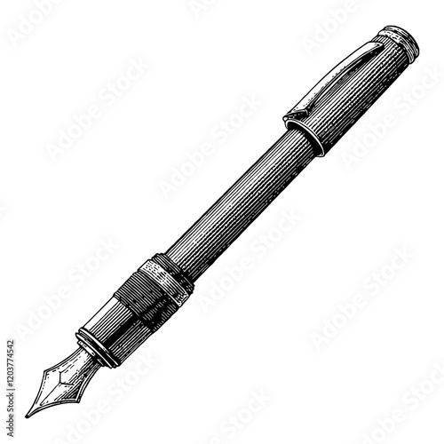 Vintage Fountain Pen Detailed Black and White Outline Line Art Drawing of an Old Pen Object