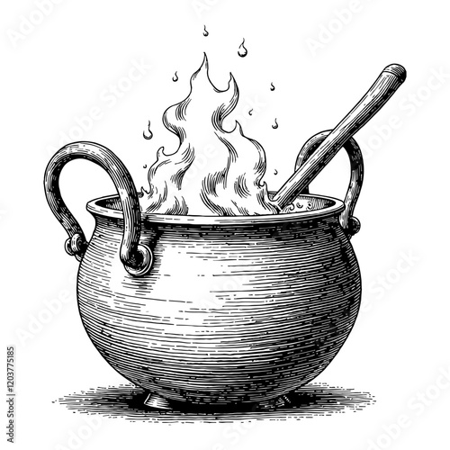 Cauldron with Fire and Spoon Detailed Black and White Outline Line Art Drawing Engraved Style