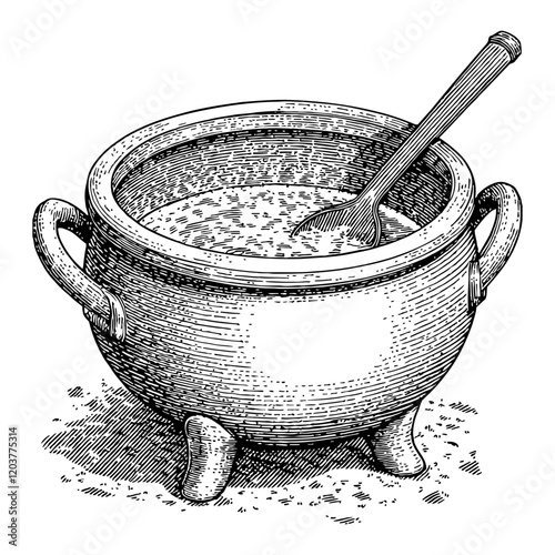Cooking Cauldron Pot with Spoon Inside Black and White Outline Line Art Drawing Engraving Style