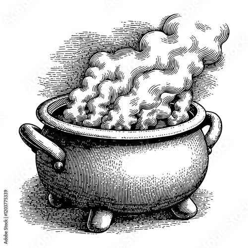 Cauldron with Smoke in Detailed Black and White Outline Line Art Drawing Engraving Style