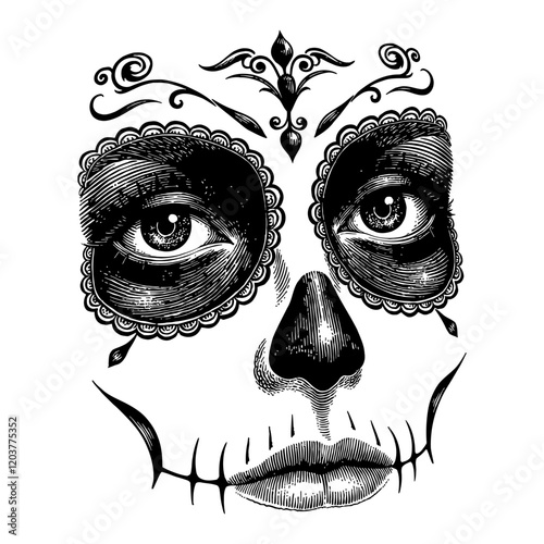 Detailed Sugar Skull Face Paint with Ornate Black and White Outline Line Art Drawing