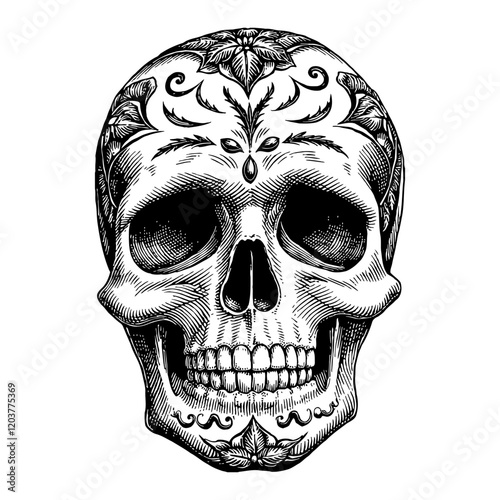 Detailed Sugar Skull Black and White Outline Line Art Drawing with Decorative Floral Pattern