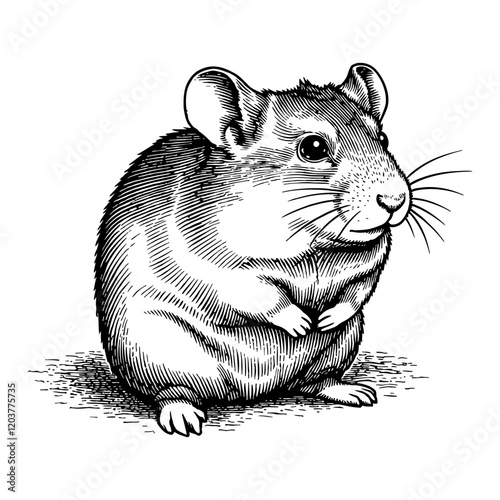 Cute Hamster Black and White Outline Line Art Drawing With Detailed Engraving Style