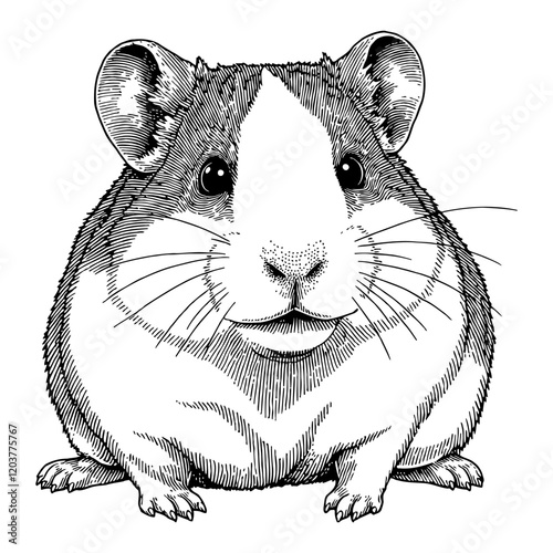 Cute Hamster Detailed Head Portrait Front View Black and White Outline Line Art Drawing