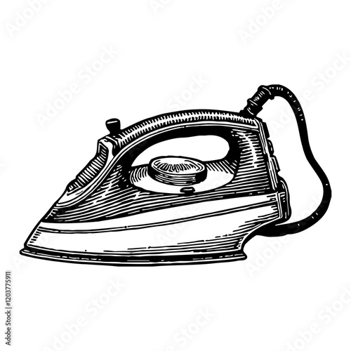 Detailed Iron for Clothes in Black and White Outline Line Art Drawing Retro Style View from Side