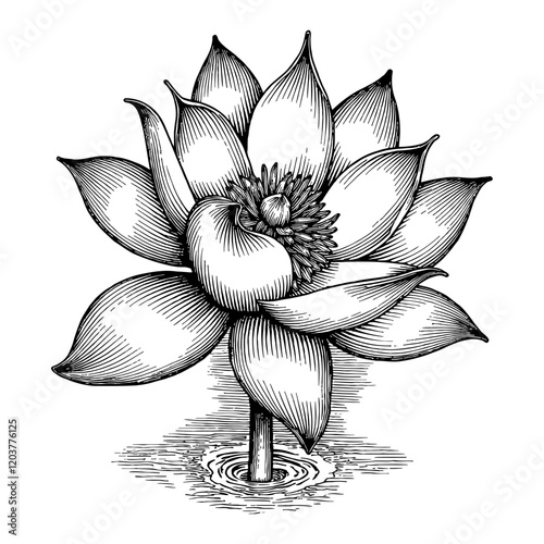 Lotus Flower Plant in Water Detailed Black and White Outline Line Art Drawing