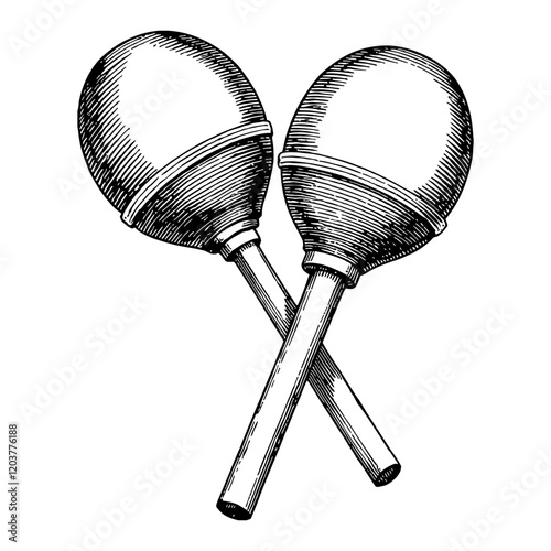 Crossed Maracas Musical Instrument Black and White Outline Line Art Drawing in Retro Style