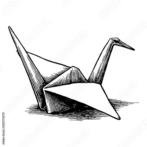 Paper Crane Origami Bird in Detailed Black and White Outline Line Art Drawing