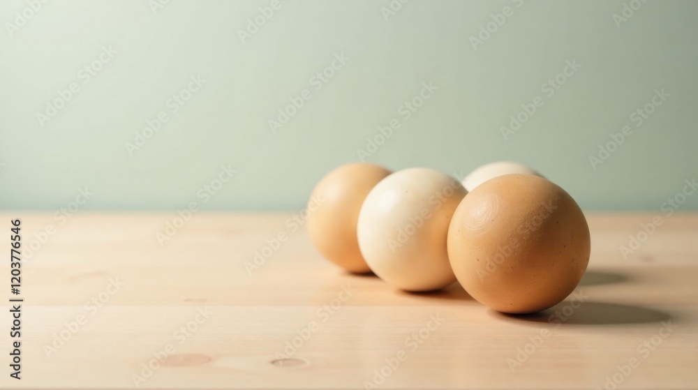 Three eggs, various shades of beige, rest gently on a light wooden surface against a muted green backdrop Three eggs, various shades of beige, rest gently on a light wooden surface against a muted green backdrop