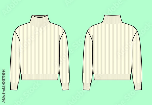 Ladies funnel neck long sleeve knitted rib sweater flat sketch outline CAD