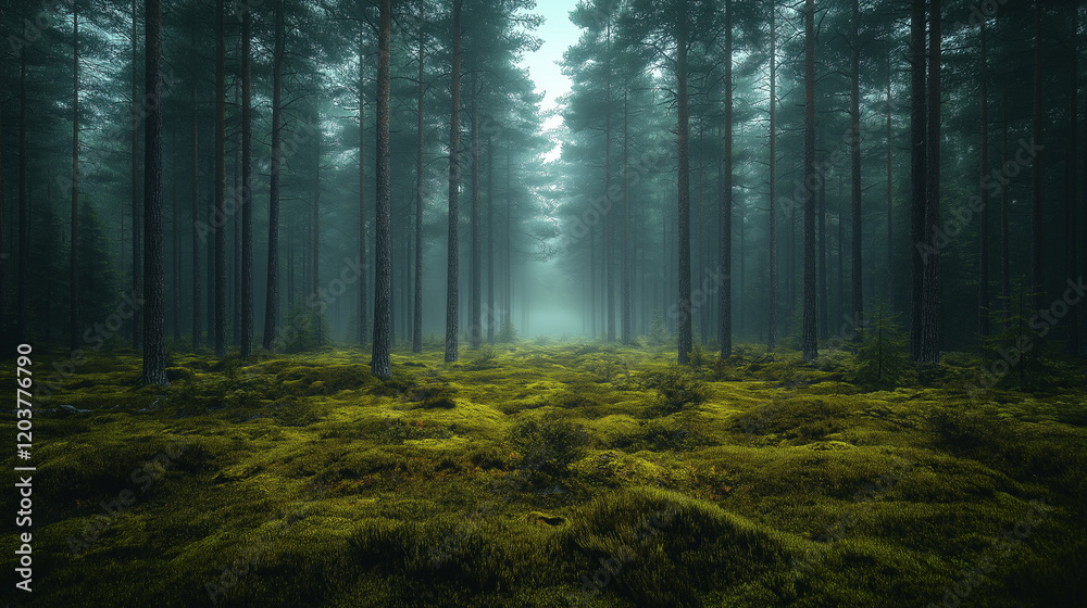 Naklejka premium Sunlit Forest with Glowing Rays, Mossy Forest Under Soft Sunlight