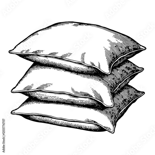 Stacked Pillows in Detailed Black and White Outline Line Art Drawing Engrave Sketch Style