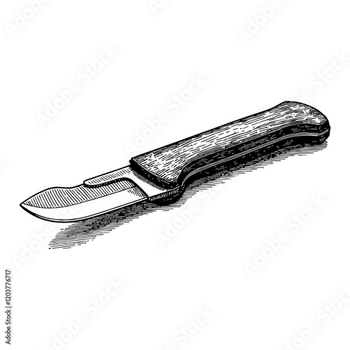 Folding Utility Knife with Wooden Handle Black and White Outline Line Art Drawing