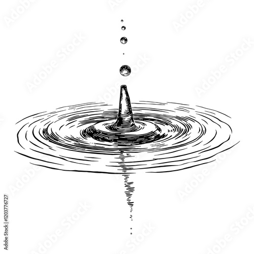 Water Drop Falling into Water Creating Ripples Black and White Outline Line Art Drawing