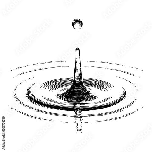 Water Drop Impact Creating Ripple Black and White Outline Line Art Drawing with Reflection