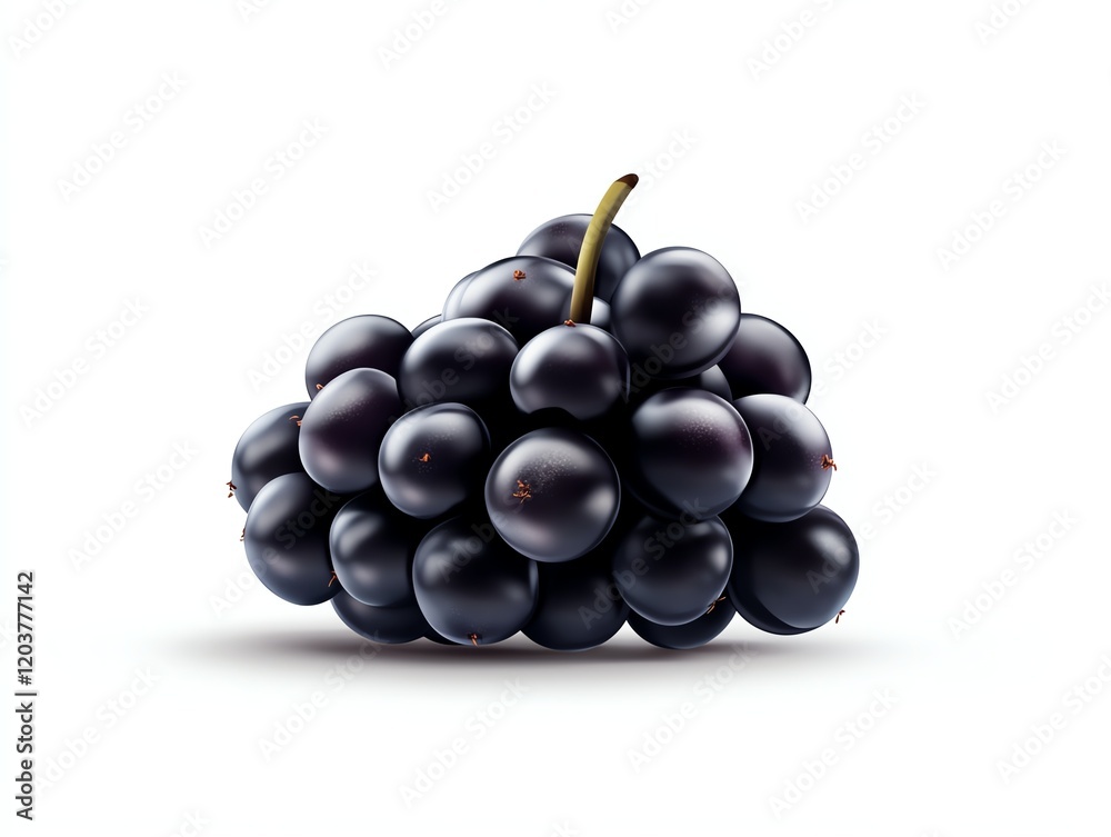 A cluster of blackcurrants with glossy skin, realistic detail, deep purple, isolated on white background