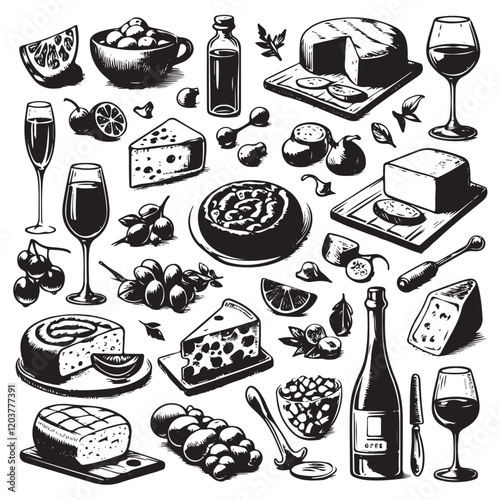 chalk food illustrations, wedding dinner icons, wine or champagne glass, cheese, and charcuterie drawings for wedding invitations, cafe menus, and parties. La dolce vita italian sketch style.
