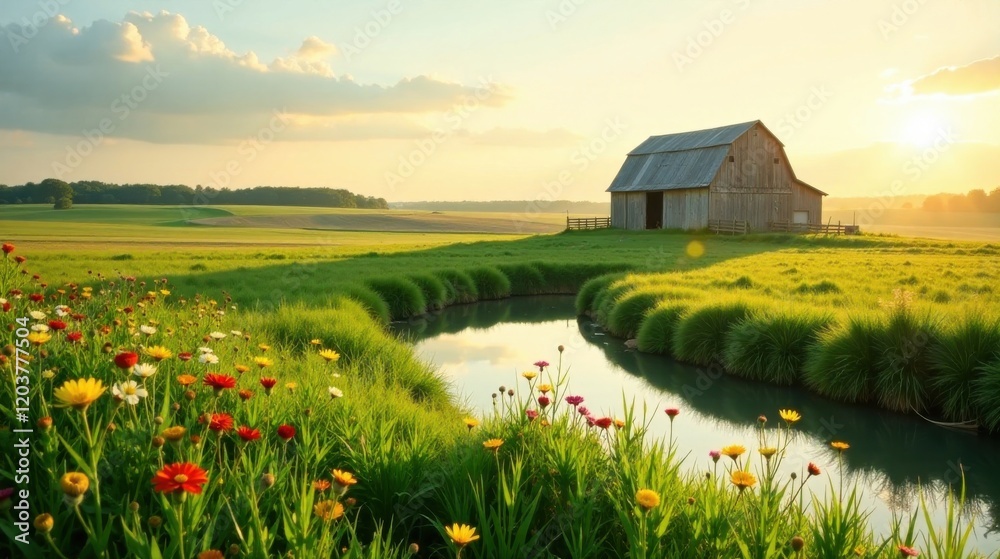 Obraz premium Serene Sunset Landscape Featuring a Rustic Barn and Blooming Wildflowers by a Gentle Stream