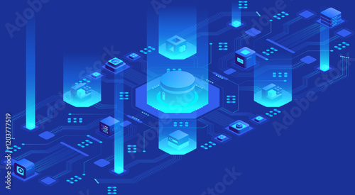 Isometric illustration of a blockchain network with data blocks connected. Perfect for articles about cryptocurrency, smart contracts, and decentralized applications.