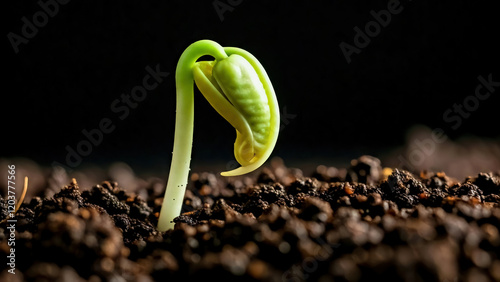 New Life: Sprout of mung beans. Young Sprout Breaking Through the Ground
