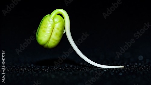 Seed Germination: Seed of mung beans germination on a dark background.