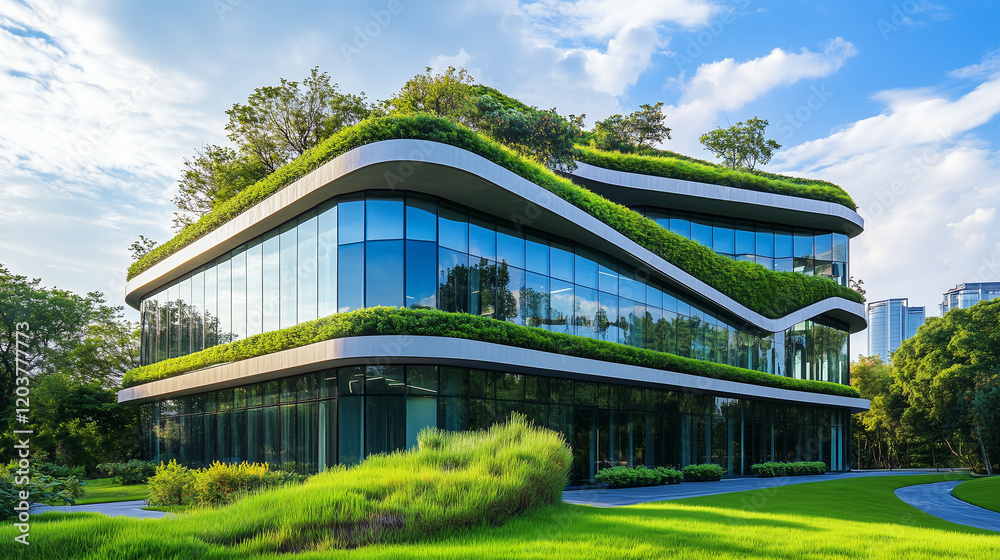 Fototapeta premium office building with green roof gardens, blending into a lush green environment, with an green fields and a clear sky,