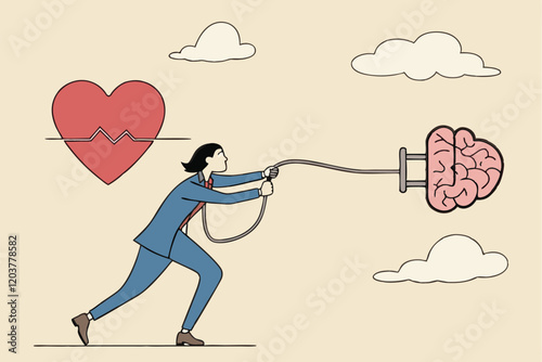 Cartoon businessman, connecting heart and brain, electrical plug, emotional intelligence concept, red heart, pink brain, blue suit, beige background, minimalist clouds, balance between logic and emoti photo