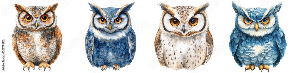 Fototapeta premium Elegant Watercolor Owl Illustrations in Various Styles for Clipart and Design Projects