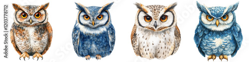 Elegant Watercolor Owl Illustrations in Various Styles for Clipart and Design Projects photo