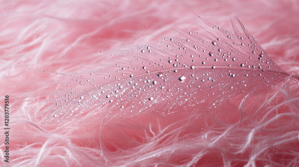 Fototapeta premium Dewy feather on pink fur, soft background