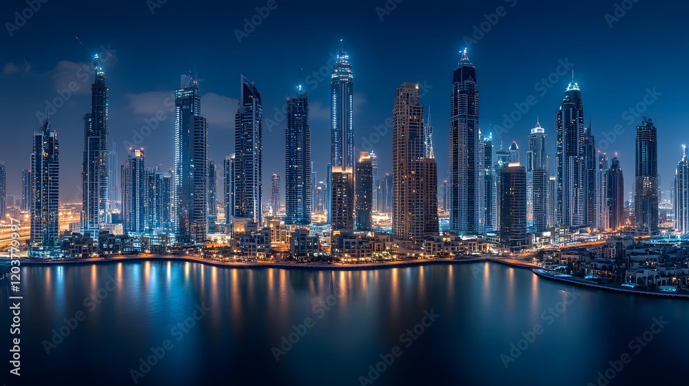 Fototapeta premium A luxury penthouse with a rooftop infinity pool and 360-degree views of Dubais skyline.