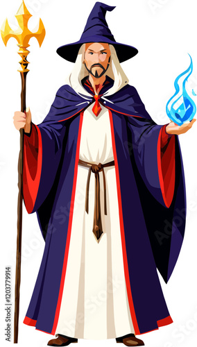 Blue-Robed Wizard with Magical Flames Front View Vector Illustration