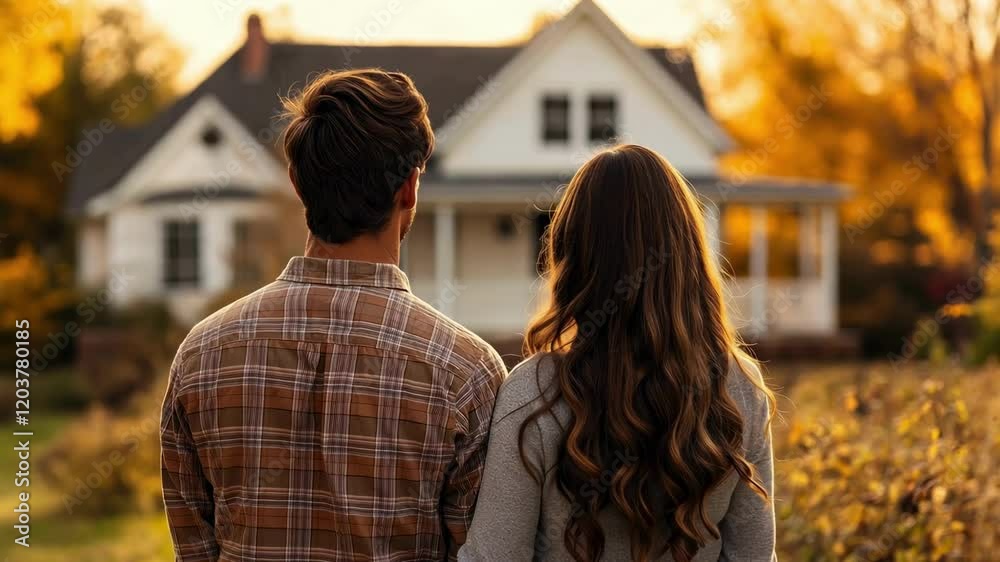Couple admiring sunset on autumn evening in front of cozy house Couple admiring sunset on autumn evening in front of cozy house