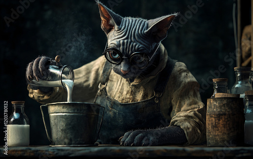 Whimsical Illustration of a Humanoid Cat Pouring Milk into Glass Bottles in a Rustic and Surreal Setting, Highlighting Creativity and Fantasy photo