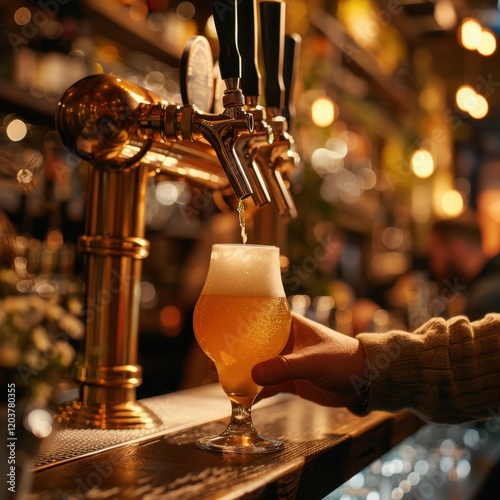 Bartender Pouring Golden Craft Beer from Tap into Glass photo