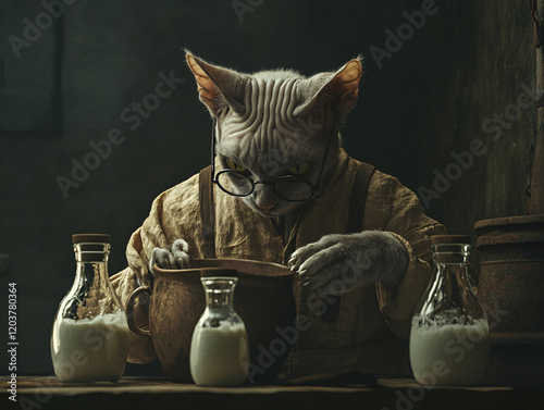 Whimsical Illustration of a Humanoid Cat Pouring Milk into Glass Bottles in a Rustic and Surreal Setting, Highlighting Creativity and Fantasy photo