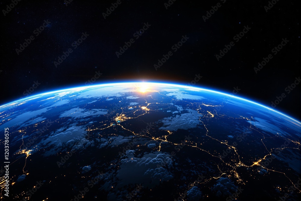 Fototapeta premium Sunrise over Earth from space with illuminated cities and glowing atmosphere.