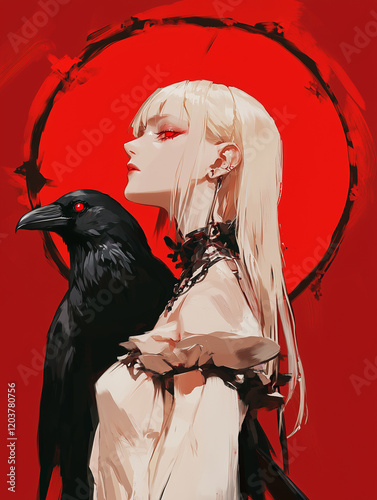 Anime-style art depicting a mysterious blonde with red eyes in black attire. A crow with red eyes sits on her shoulder. The red-toned background with a red sun creates a mystical and tense atmosphere.